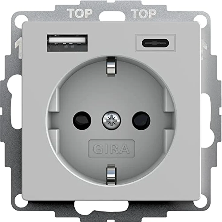 Gira 2459015 SchukoSteckdose USB-Anschluss Shutter Berührungsschutz 2-fach Typ A(max.2,4A) Typ C(max.3A) System 55 Grau matt UP Unterputz Schutzkontaktsteckdose Wandsteckdose Smartphone Tablet 32mm – Bild 1
