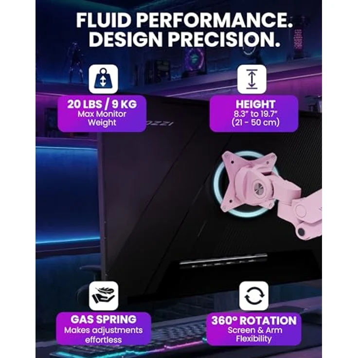 Arozzi Alzare Neo Duo Gas, Monitorarm für zwei Monitore, vollständig verstellbar, 32", violett – Bild 3
