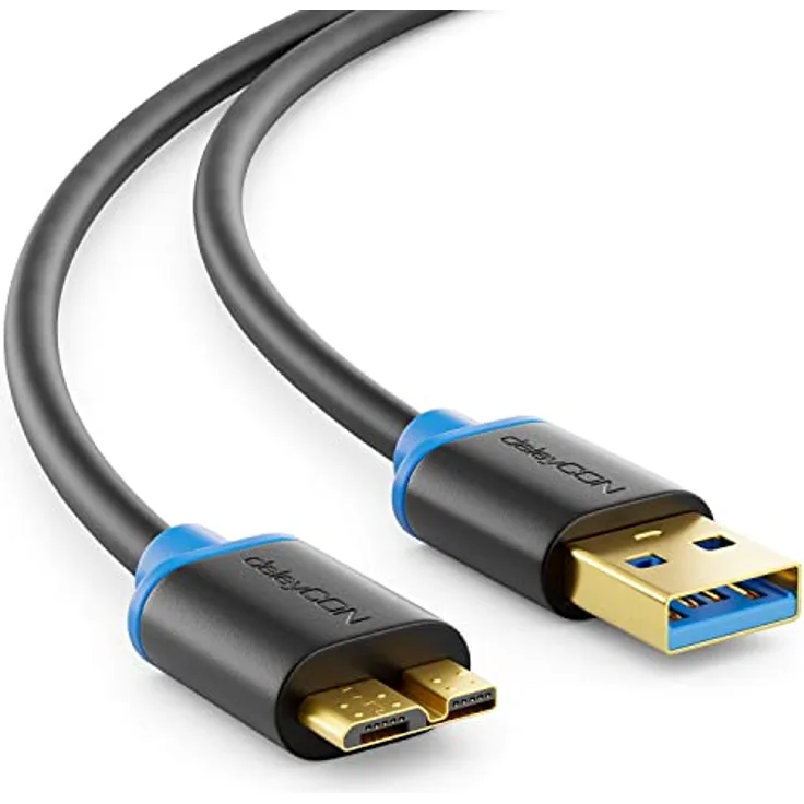 deleyCON 1m Micro USB 3.0 Datenkabel bis zu 5 Gbit/s Ladekabel für Handy Smartphone Tablet Externe Festplatten - USB A-Stecker zu Micro B-Stecker Schwarz