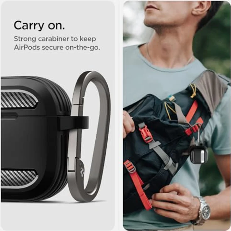 Spigen Rugged Armor Hülle Case kompatibel mit AirPods 4 (2024) - Matt Schwarz, TPU Hülle mit Karabiner und kabellosem Laden – Bild 4