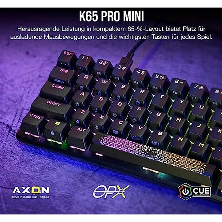 Corsair K65 PRO Mini RGB 65% Optisch Mechanische Gaming Tastatur - OPX Schalter - PBT Double-Shot Keycaps - iCUE-Kompatibel - QWERTZ DE Layout - Schwarz – Bild 2