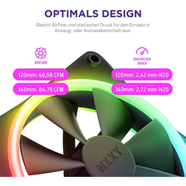 NZXT F120 RGB Duo - 120mm doppelseitiger RGB-Lüfter – 20 einzeln adressierbare LEDs – Ausgeglichener Airflow und statischer Druck – Fluid Dynamic Bearing – PWM Control – Schwarz – Bild 4