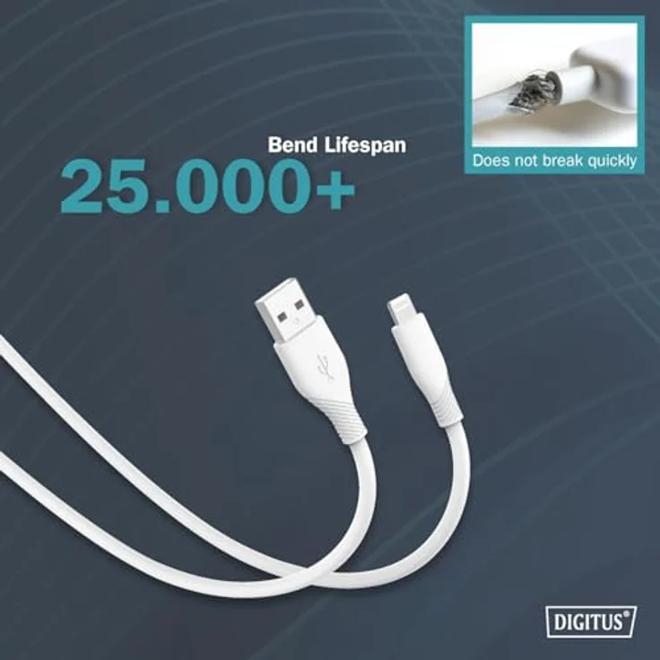 DIGITUS USB 2.0 Kabel Typ A-Lightning, Silikon 2m MFI, weiß, hohe Haltbarkeit und Flexibilität bis 25.000 Biegungen – Bild 4