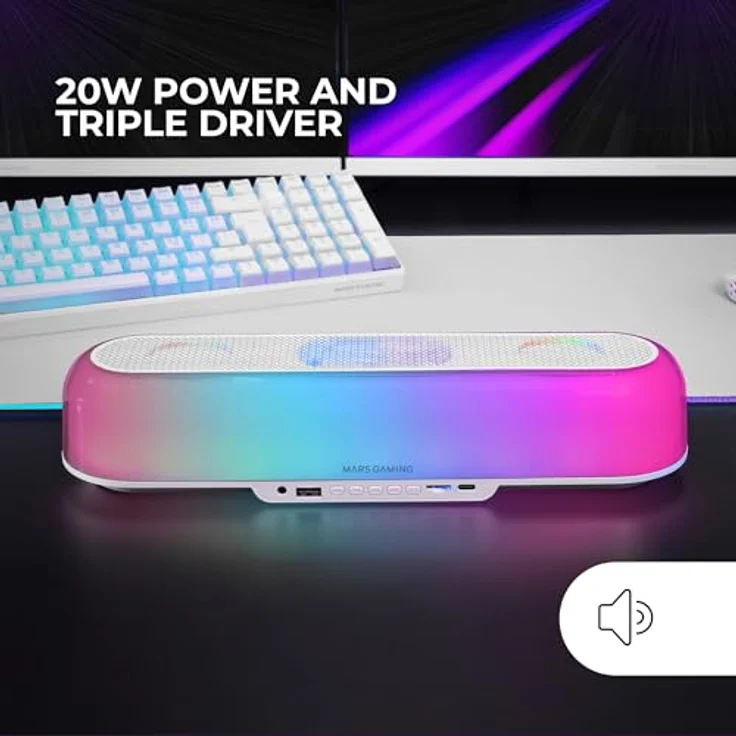 Mars Gaming MSB-ORB, Tragbarer Lautsprecher mit 20W, RGB 360° Beleuchtung, Triple-Driver-System, Bluetooth 5.3, USB, MicroSD, AUX, FM, Weiß – Bild 2