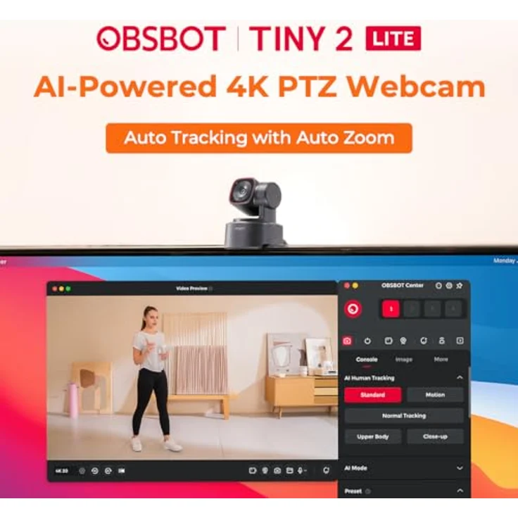 OBSBOT Tiny 2 Lite 4K PTZ-Webcam (Schnelles Auto-Tracking per AI, Gestensteuerung) – Bild 9
