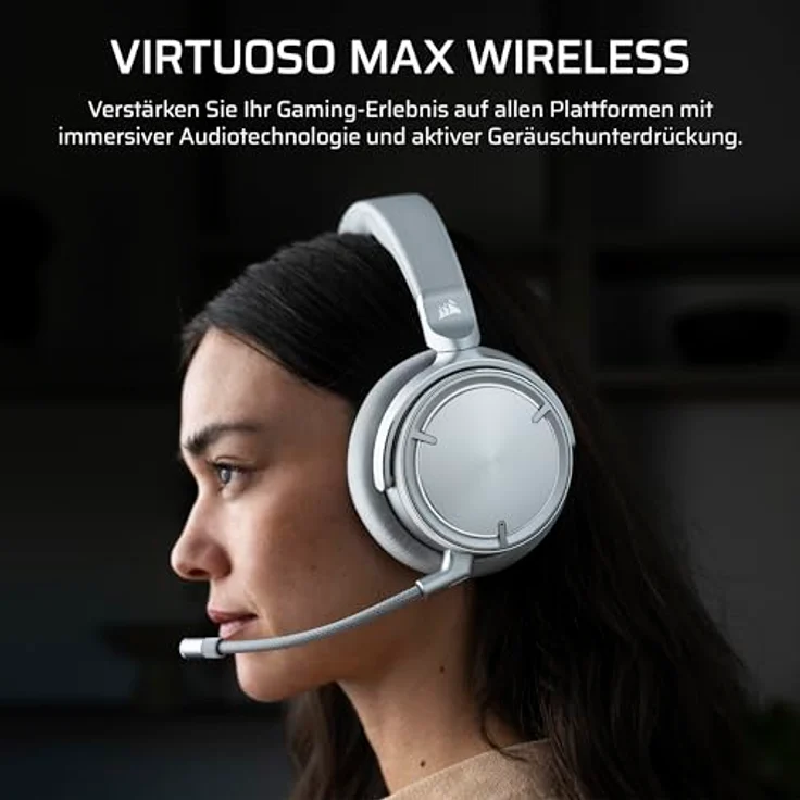 Corsair Virtuoso MAX Wireless Gaming-Headset Silber – Dolby Atmos, SoundID, Aktive Geräuschunterdrückung, Mikrofon in Rundfunkqualität, Graphene-Treiber, für PC, Mac, PS5, PS4 – Bild 2