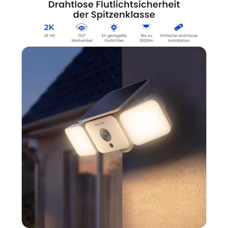 Reolink Solar Floodlight Cam, 2K Überwachungskamera Aussen mit 150° Sichtfeld, 1000 lm Licht, Sirenenalarm, KI / PIR Bewegungserkennung, Farbnachtsicht, 2,4/5 GHz Wi-Fi 6, IP66, Akku Powered – Bild 2