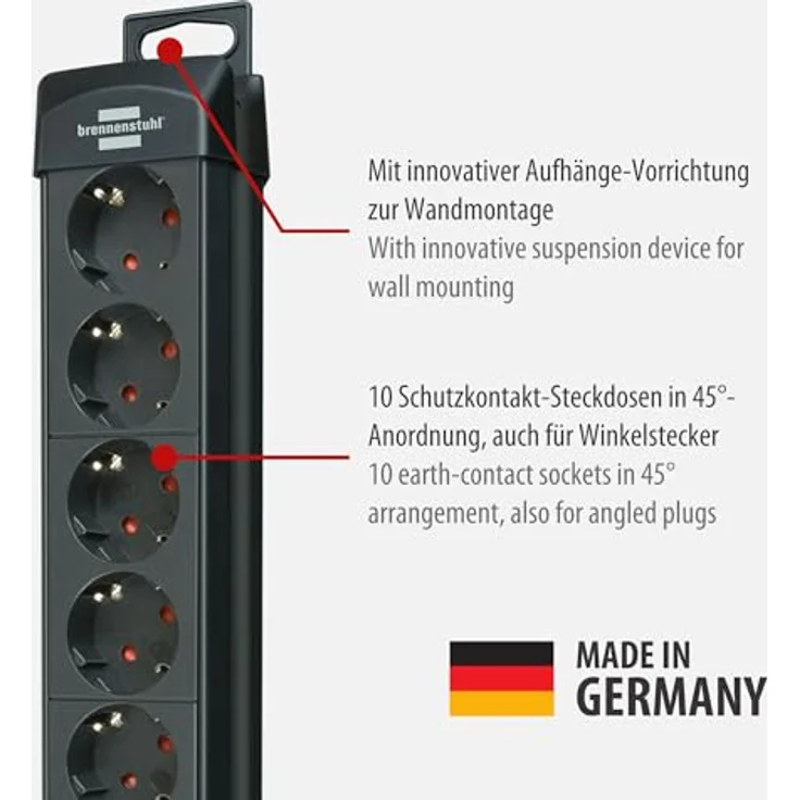 Brennenstuhl Premium-Line, Steckdosenleiste 10-fach (Steckerleiste mit Schalter und 3m Kabel, Mehrfachsteckdose mit 45° Winkel der Schutzkontakt-Steckdosen, Made in Germany) schwarz – Bild 2