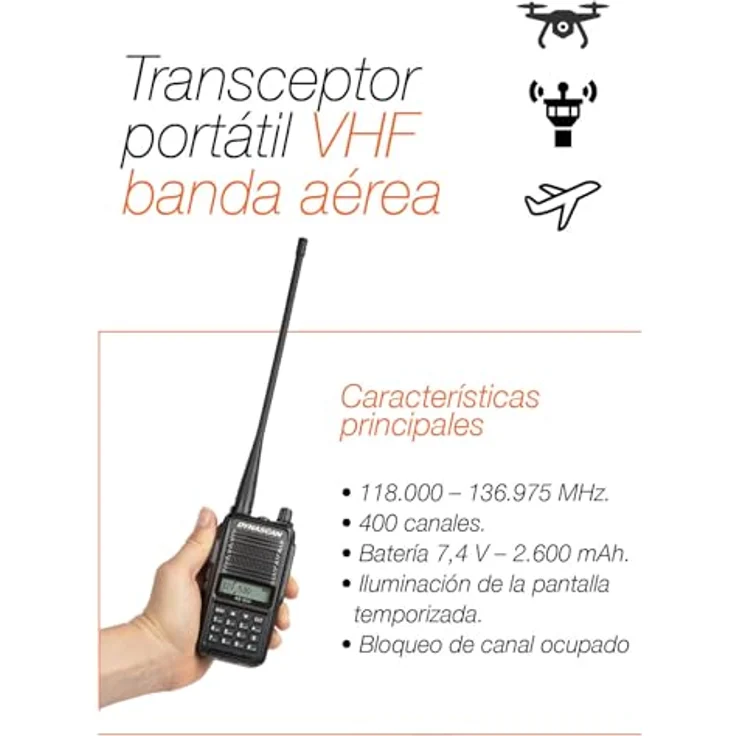 Dynascan AB-650 VHF AM Handfunkgerät, 5W mit 400 Speicherkanälen, USB-Ladefunktion und robustem Gehäuse für Luftfahrt und Drohnenpiloten – Bild 3