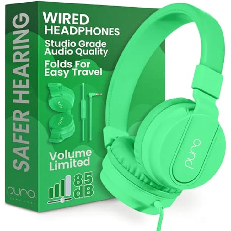 PuroBasic Volume Limiting Wired Headphones for Kids, Boys, Girls 2+ Foldable & Adjustable Headband, Compatible with iPad, iPhone, Android, PC & Mac – by Puro Sound Labs, (Green) – Bild 2