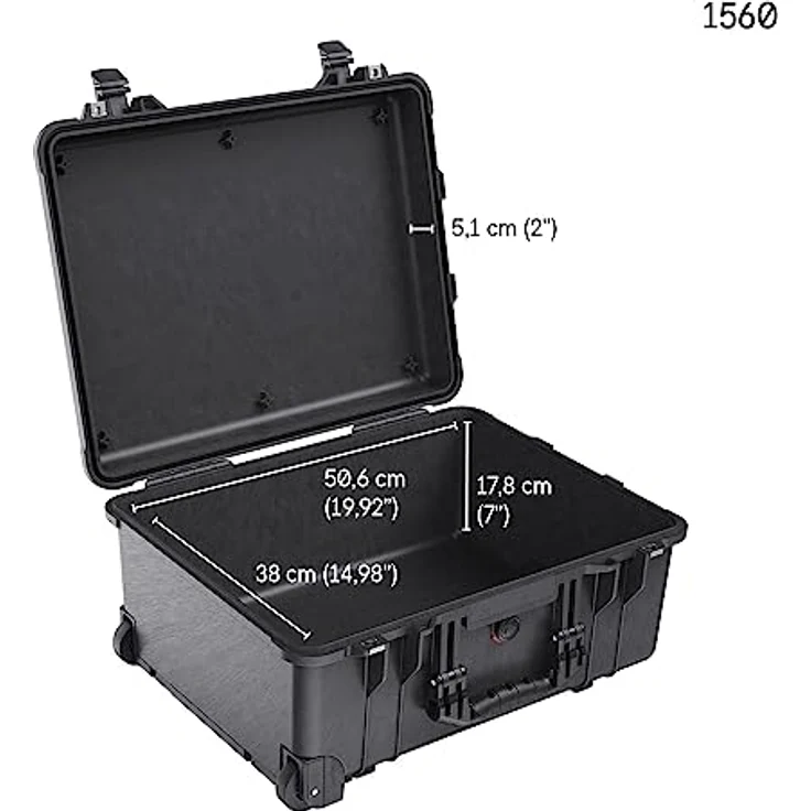 PELI 1560 Langer Schutzkoffer mit Rollen, IP67 Wasser- und Staubdicht, 44L Volumen, Hergestellt in Deutschland, Ohne Schaum, Schwarz – Bild 10