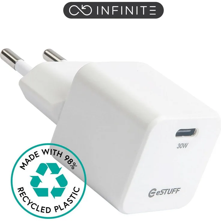 eSTUFF INFINITE USB-C PD 30W GaN Ladegerät, Weiß, 98% recycelter Kunststoff, für Mobiltelefone, Tablets und Smartwatches