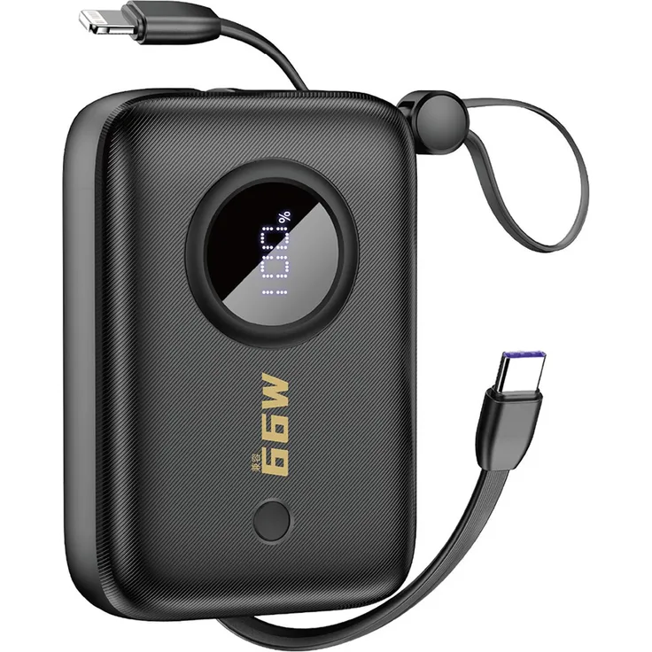 Dudao K14 Powerbank 10000mAh, Schnellladung 22,5W, integrierte USB-C/Lightning Kabel & Display, schwarz