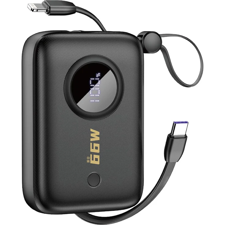 Dudao K14 Powerbank 10000mAh, Schnellladung 22,5W, integrierte USB-C/Lightning Kabel & Display, schwarz