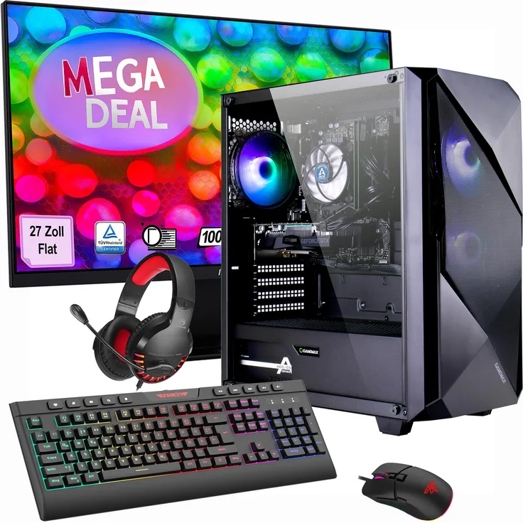 GAMEMAX Gaming PC Striker Komplett Set, AMD Ryzen 7 5700X, 32GB RAM, 1TB SSD, GeForce RTX 5060, Windows 11, MSI PRO MP273A Monitor 27"