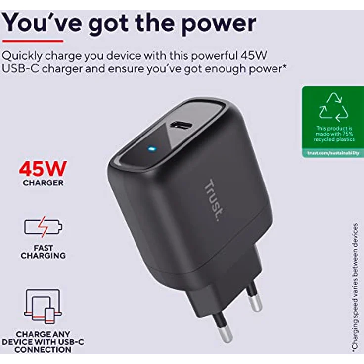 Trust Maxo USB C Ladegerät 45W, 75% Recycelten Materialien, Schnellladegerät USB-C Stecker mit Ladekabel 2m, Netzteil für iPhone, iPad, Samsung Galaxy, Steam Deck, Smartphones, Tablets, Laptops – Bild 2
