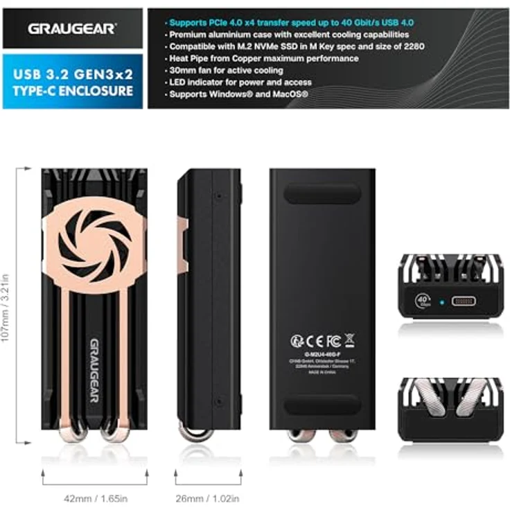 GRAUGEAR 40Gbps M.2 NVMe SSD Aluminiumgehäuse USB4.0 bis zu 3811MB/s, Kompatibel mit Thunderbolt4 für M-Key 2280 PCIe Gen4x4 SSD, Heatpipe Kühler mit Lüfter, Grau – Bild 2