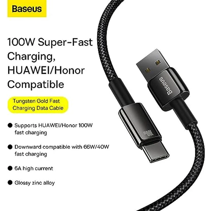 Baseus Tungsten Gold USB-A - USB-C Kabel, 100W, 480Mb/s, 1m, schwarz (CAWJ000001) – Bild 2