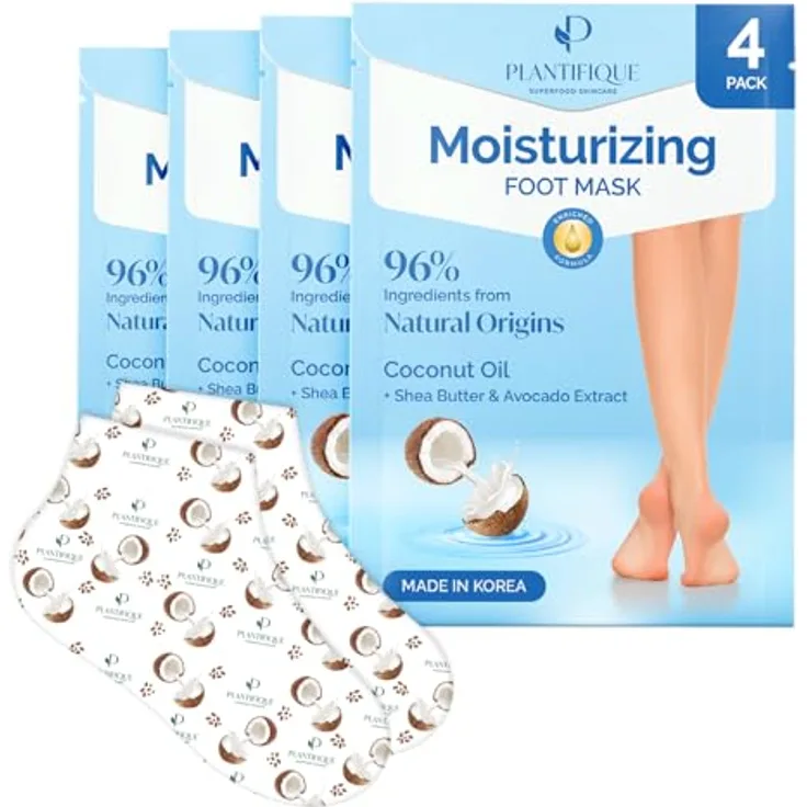Plantifique Koreanische Fußmaske Socken, 4 Paar mit Box - Feuchtigkeitsspendende Hornhautentferner für trockene Füße und rissige Fersen, Universalgröße bis 11 US/45 EU