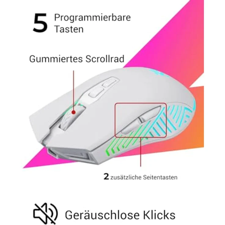 Defender® Pandora Kabellose Gaming Maus, Geräuschlose Klicks, 5 programmierbare Tasten, RGB-Beleuchtung, bis zu 120 Std. Akkulaufzeit, Wireless Gamer Maus für PC, Mac, Laptop, Weiß – Bild 3