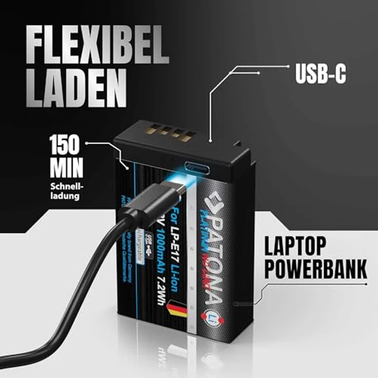 PATONA Platinum LP-E17, USB Akku (1000 mAh) mit direktem USB-Eingang, kompatibel mit Canon EOS RP/R10/R100/77D/200D/250D/750D/760D/800D – Bild 3