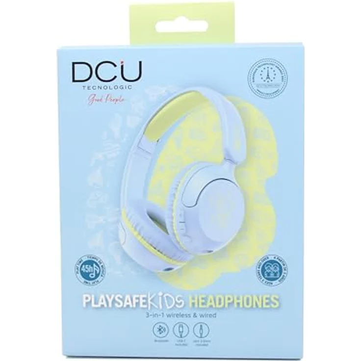 DCU PlaySafe Kids Kinder-Kopfhörer, 3-in-1 mit Bluetooth und Kabel, Lautstärkenbegrenzung 85 dB, 45 Stunden Akkulaufzeit, Blau und Gelb – Bild 5