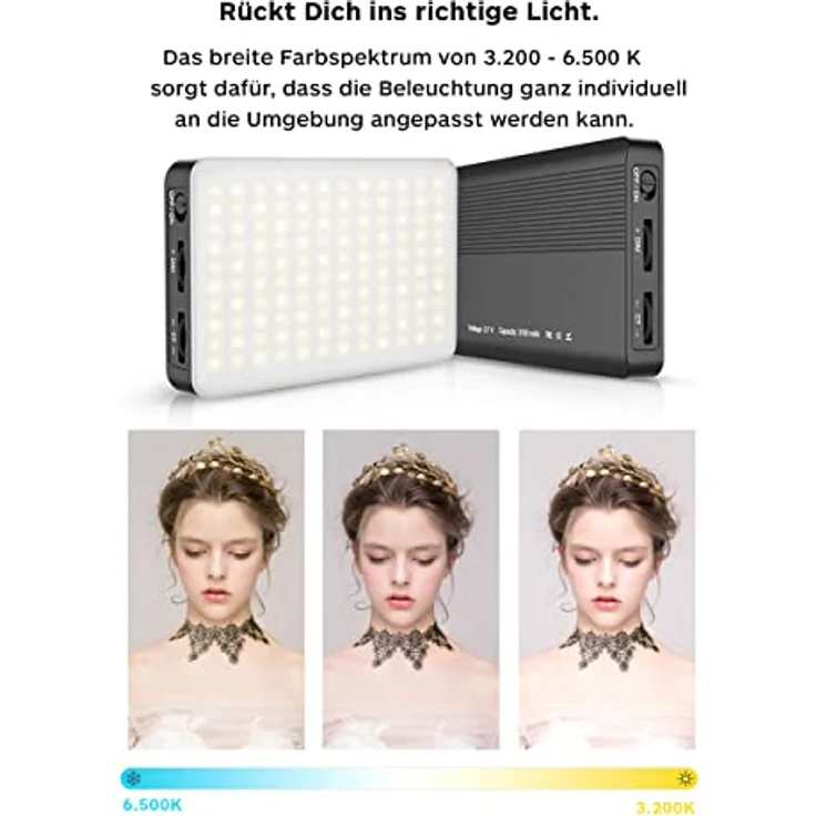 RealPower LightsOn Kamera Video Licht, Eingebaute Wiederaufladbare Batterien 3200K-6500K Dimmbar und Ultradünne Videoleuchte mit Halterung 6 Farbfilter für Social Media Streaming Interview Porträt, Schwarz – Bild 3