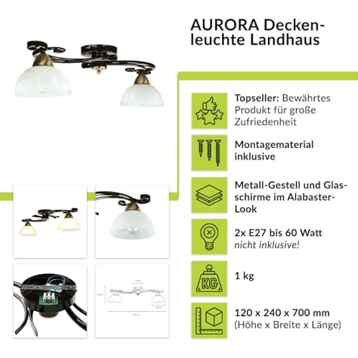 Licht-Erlebnisse Deckenlampe Glas Metall in Dunkelbraun Gold H:12 cm E27 Landhaus blendarm Rustikale Deckenleuchte AURORA - Preisvergleich – Bild 2