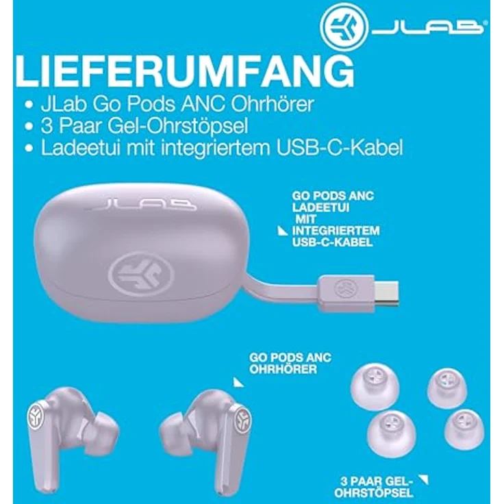 JLab Go Pods ANC, In-Ear Bluetooth Kopfhörer TWS mit 26 h Laufzeit, IP55, lila – Bild 9