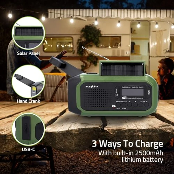 Nedis Tragbares Notfallradio DAB+/FM, batteriebetrieben, Handkurbel, solarbetrieben, USB-Stromversorgung, Wecker, grün/schwarz – Bild 4