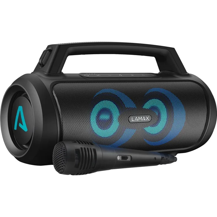 LAMAX PartyGo1 Play Bluetooth-Party-Lautsprecher, Schwarz, 50 W Leistung, 15 Stunden Akkulaufzeit, Mikrofon inklusive, FM-Radio, BT 5.3