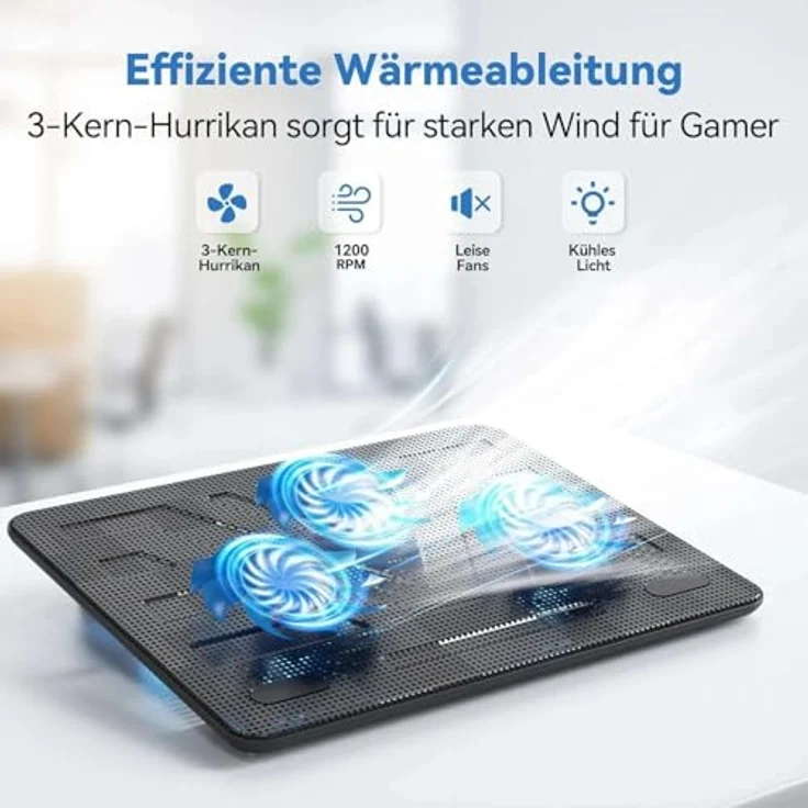 TECKNET Laptop Kühlpad, 12-17 Zoll Cooler mit 3 Hochgeschwindigkeitslüftern, 2 USB-Ports und LED-Beleuchtung (Blau+Schwarz) – Bild 5