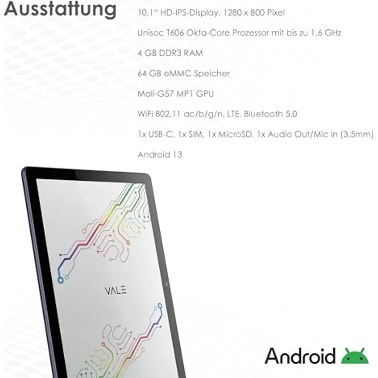 VALE V10E-LTE-464 Tablet mit LTE | 10,1" HD IPS Display | Octa-Core Prozessor | 4 GB RAM | 64 GB eMMC | 5 MP Kamera | Android 13 (LTE) – Bild 2