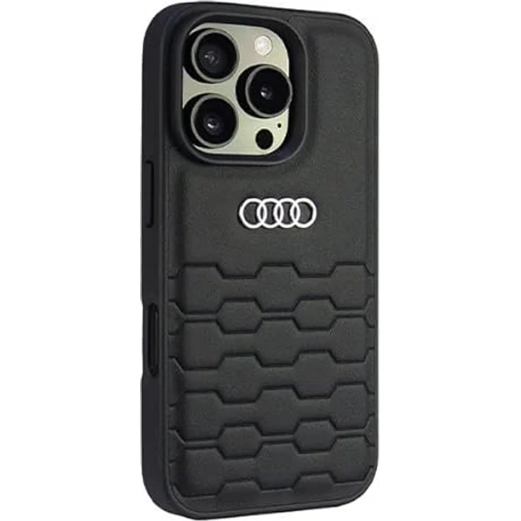 Audi Handyhülle iPhone 16 Pro, Kunstleder schwarz mit Metall Logo, 6,3 Zoll, Stoßfest, passgenau – Bild 2