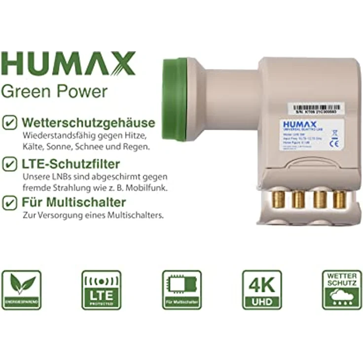 HUMAX Green Power Quattro-LNB, Stromspar-LNB, Satelliten universal LNB für Multischalter, LTE-Filter, Wetterschutzgehäuse und vergoldete F-Buchsen, digitales Fernsehen in HD, Full HD, 4K UHD – Bild 2