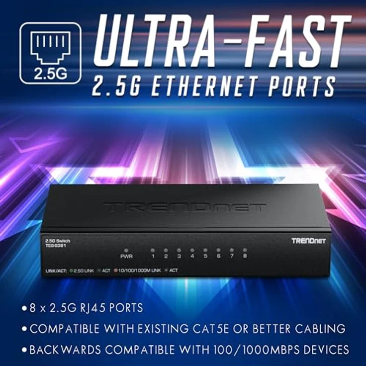 Trendnet TEG-S381, 8-Port 2.5G Netzwerk Switch mit 40 Gbit/s Switching-Kapazität, schwarzes Metallgehäuse, lüfterlos und wall-mountable – Bild 6