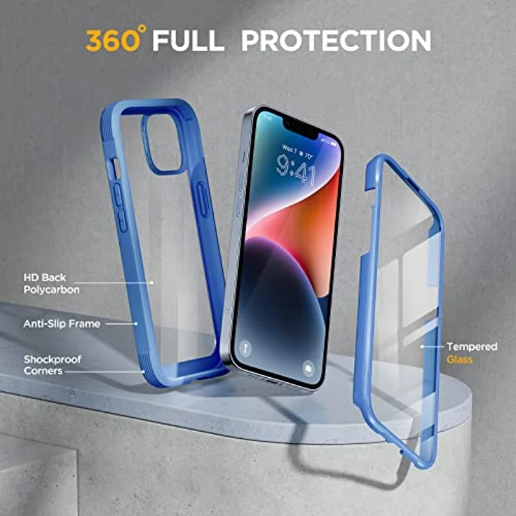 Miracase 360 Grad Hülle für iPhone 13/14 (6.1 Zoll), Ganzkörper Schutzhülle mit 9H Glas Displayschutzfolie, stoßfest, Blau – Bild 2