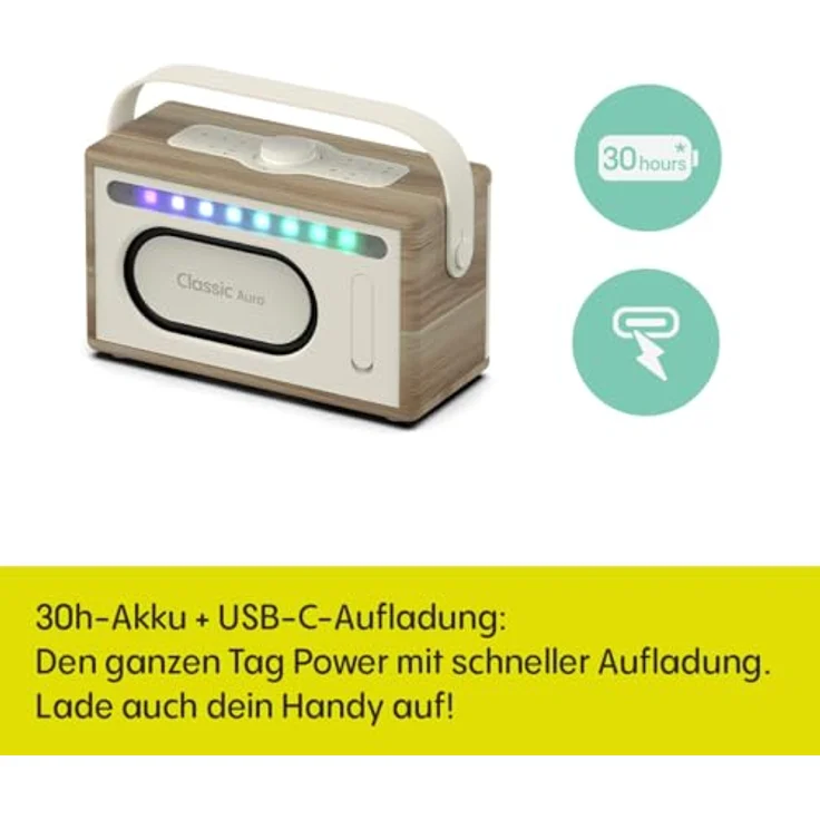 Pure Classic Aura, Bluetooth-Lautsprecher 40W mit 30h Akku, Lichtmodi, USB-C, AUX, IPX2, EQ-Modi – Baumwollweiß mit Eiche, Holzoptik, 2-Wege-Stereo – Bild 3
