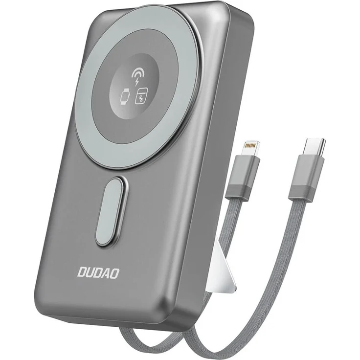 Dudao K29, 10000 mAh PD 20 W MagSafe Powerbank mit Metallgehäuse, Ständer und integrierten USB-C/iPhone Kabeln, grau