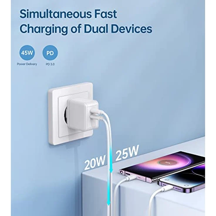 45W USB C Ladegerät, GaN II Dual USB C Wandladegerät, PD 3.0 Schnellladegerät USB C, Kompatibel mit Samsung Galaxy S23 Ultra S23, iPhone 14 13 12 Pro Max Mini,iPad Pro, Tablet, Notebook, Watch usw. – Bild 5