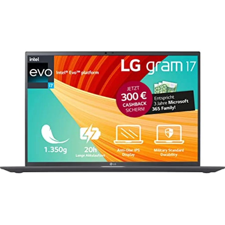 2023 LG Gram 17 Zoll Ultralight Notebook - 1.350g Intel Core i7 Laptop (16GB RAM, 512GB SSD, 20h Akkulaufzeit, 16:10 Entspiegeltes IPS-Display, Thunderbolt 4, Win 11 Home, Mirametrix) - Grau – Bild 1