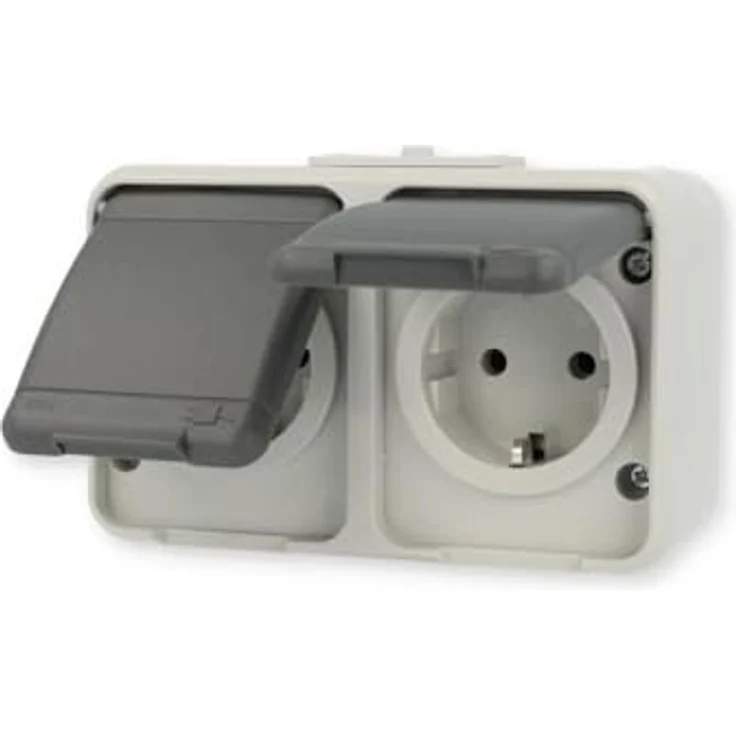Schneider Electric Elso Schuko-Steckdose, 2-fach, IP44, klappbar, waagerecht, Aufputz, licht/basaltgrau, Artikelnummer 445409 – Bild 3