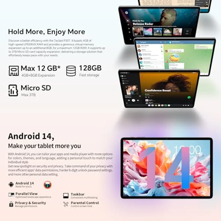 TECLAST P30T Android 14 Tablet 10+Zoll Tablet PC mit Tastatur 10-Teiliges Set, 12GB RAM+128GB ROM(4TB TF), 2.4G+5G WLAN, Unisoc Octa-Core A75 CPU, Widevine L1/GPS/6000mAh/BT5/10 Accessoires/3.5MM-2025, Metallgehäuse, 10-Zoll-BOE-Augenschutzbildschirm, Dual AC WIFI – Bild 3