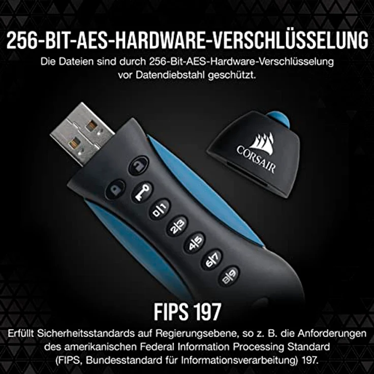 Corsair Flash Padlock 3, 128 GB Sicherer USB-3.0-Speicherstick mit Tastenfeld (256-Bit-AES-Hardwareverschlüsselung, anpassbare Ziffernidentifikation zum Sperren), Schwarz-Blau – Bild 5