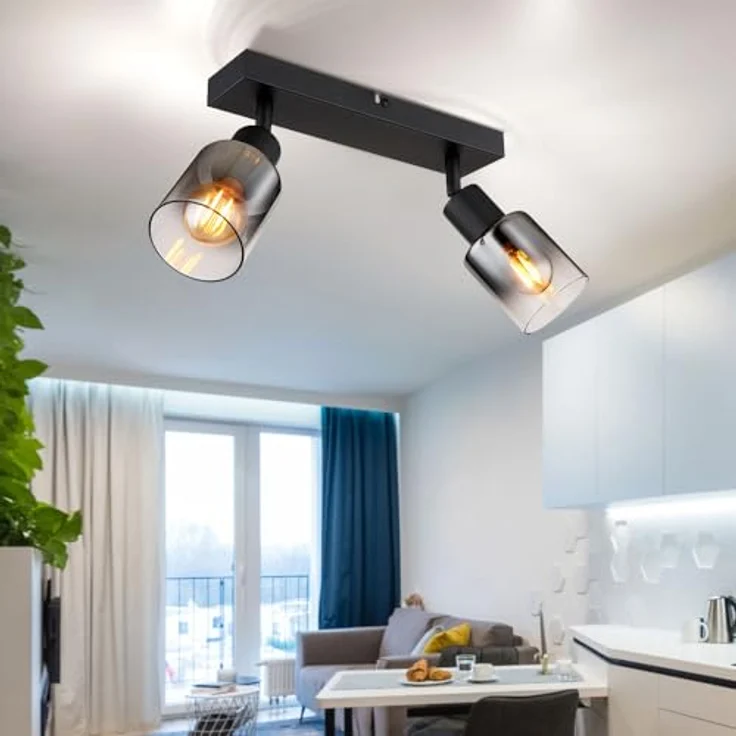 Globo Deckenleuchte Hubertus 2-flammig 54308-2, Smarte Deckenbeleuchtung mit rauch, klar und schwarz, bewegliche Spots – Bild 2