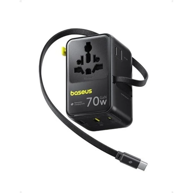Baseus EnerCore CG11, 70W 6-in-1 Reiseadapter mit einziehbarem USB-C-Kabel, schwarz