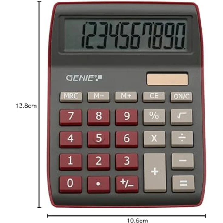Genie 840 DR 10-stelliger Tischrechner, Dual-Power (Solar und Batterie), kompaktes Design, dunkelrot – Bild 5