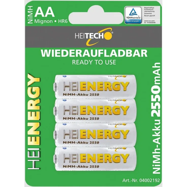 HEITECH AA Akku Mignon 2550 mAh 1,2V NiMH 4 Stück Batterie, (4 St) - Vorgeladen, Umweltfreundlich, 1000 Mal wiederaufladbar