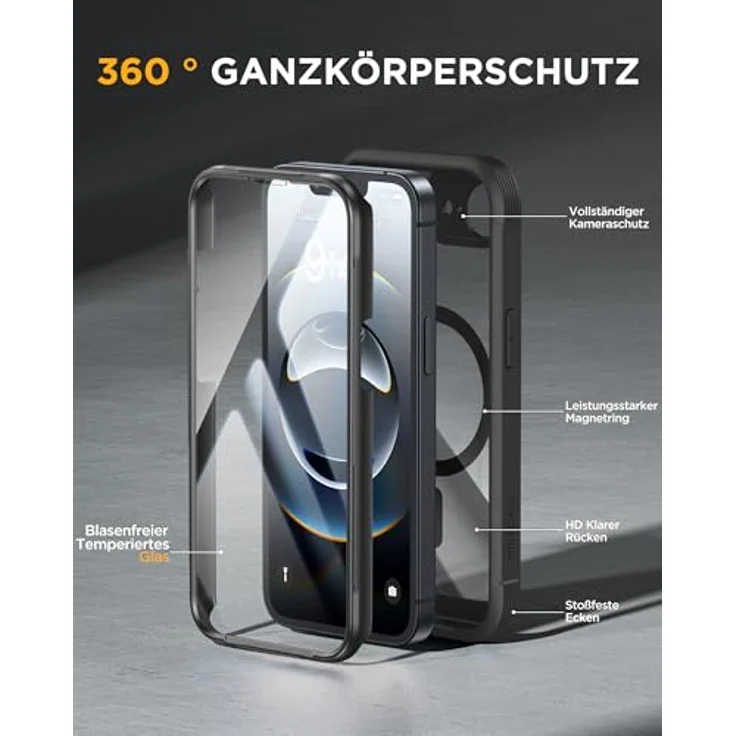 Miracase iPhone 17e & 16e Hülle für MagSafe, 360° Ganzkörper-Stoßfest mit kratzfestem Panzerglas-Schutz, Voll-Kameraschutz, langlebige Handyhülle in Schwarz – Bild 2