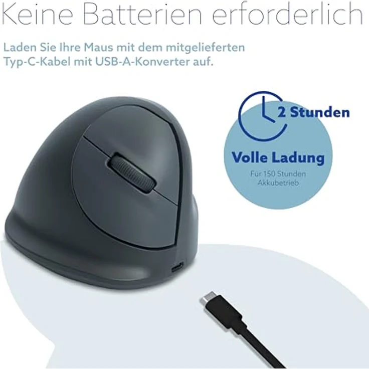 R-Go HE Basic Ergonomische Maus, Bluetooth 5.0, Wiederaufladbar, Vertikale Ergo Maus, 1600 DPI, Schwarz – Bild 4